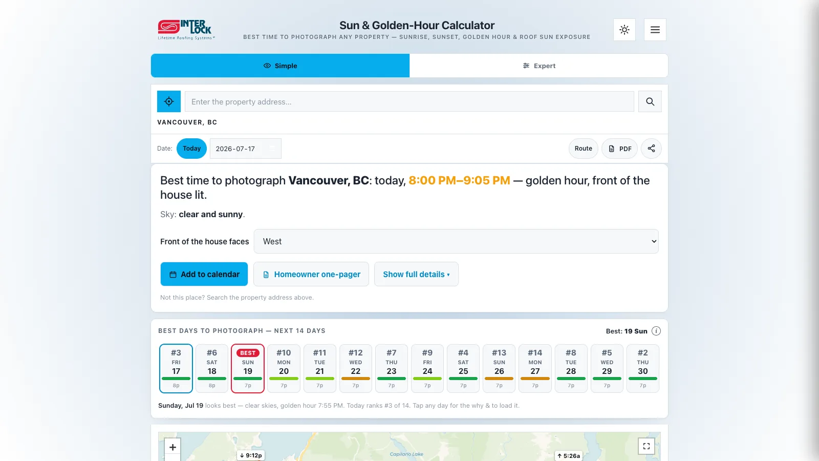 Screenshot of Interlock's free Sun & Golden-Hour Calculator showing the best time to photograph a Vancouver, BC property, with a 14-day shoot forecast.